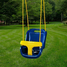 Blue baby swing seat with yellow safety bar and yellow suspension straps outdoors
