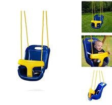 Baby swing seat with yellow arm bar, blue bucket seat, and yellow hanging straps