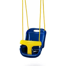 Blue baby swing seat with yellow arm bar and yellow suspension straps