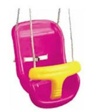 Pink baby safety swing seat with yellow bar and two hanging ropes