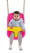Pink baby swing seat with yellow front bar, child seated, and two ropes