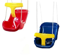 Red baby swing seat with yellow arm bar and hanging chains