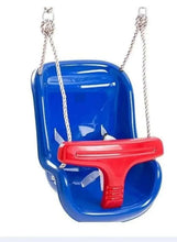 Baby swing chair with blue seat, red front bar, and hanging rope straps