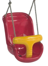 Baby swing chair with red seat, yellow front bar, and hanging rope straps