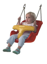 Baby swing chair with seated baby, red seat, yellow front bar, and rope straps