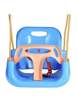 Blue baby swing chair with seat and wooden-style side handles