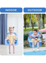 Blue baby swing chair with child seated, hanging straps for indoor and outdoor use