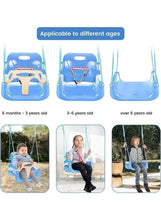 Blue baby swing chair shown in three size views with hanging straps