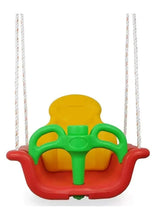 Baby swing chair with yellow seat, green handles, red base and hanging ropes