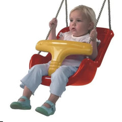 Huitich baby swing seat with safety bar in red and yellow holding a toddler securely