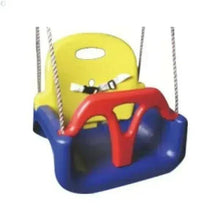 Baby swing seat with safety harness, yellow back, red front bar, blue base, hanging rope