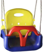 Baby swing seat with safety harness, yellow seat back, red front bar, blue base, rope