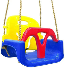 Baby swing seat with safety harness, yellow seat, red bar, blue base, rope straps