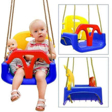 Baby swing seat with safety harness, yellow and blue seat with red bar, child shown
