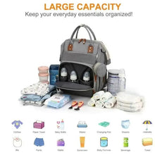 Gray diaper backpack with accessories displayed around it, including bottles and wipes