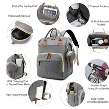 Gray diaper backpack with multiple compartments, insulated pockets, and side bottle holder