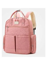 Pink baby travel backpack with top handle, front zip pocket and two side compartments