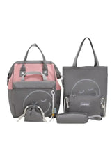 Grey and pink baby travel bag set with two bags and small pouch, gray face print