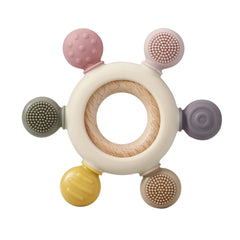 silicone baby teething toy PandaEar pastel ring with wooden center and six textured silicone nubs for soothing gums
