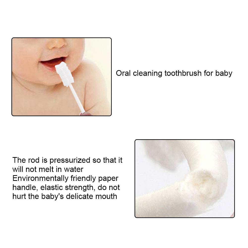 Baby using white oral cleaning toothbrush with foam tip on tongue baby oral cleaner for infants