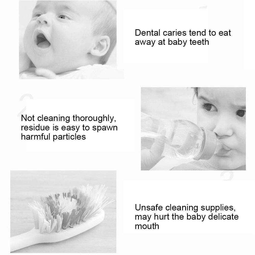 baby oral cleaner for infants collage showing baby bottle feeding toothbrush bristles and dental care warnings