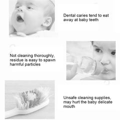 baby oral cleaner for infants collage showing baby bottle feeding toothbrush bristles and dental care warnings