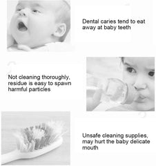 Ccy collage of infants bottle feeding toothbrush close up and dental care warnings for baby oral cleaner for infants