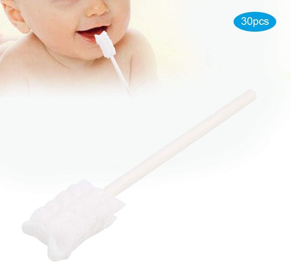 baby oral cleaner for infants white foam sponge swab with handle being used to clean infant mouth