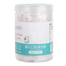 Baby oral cleaner jar with teal label, containing white sponge tongue brushes