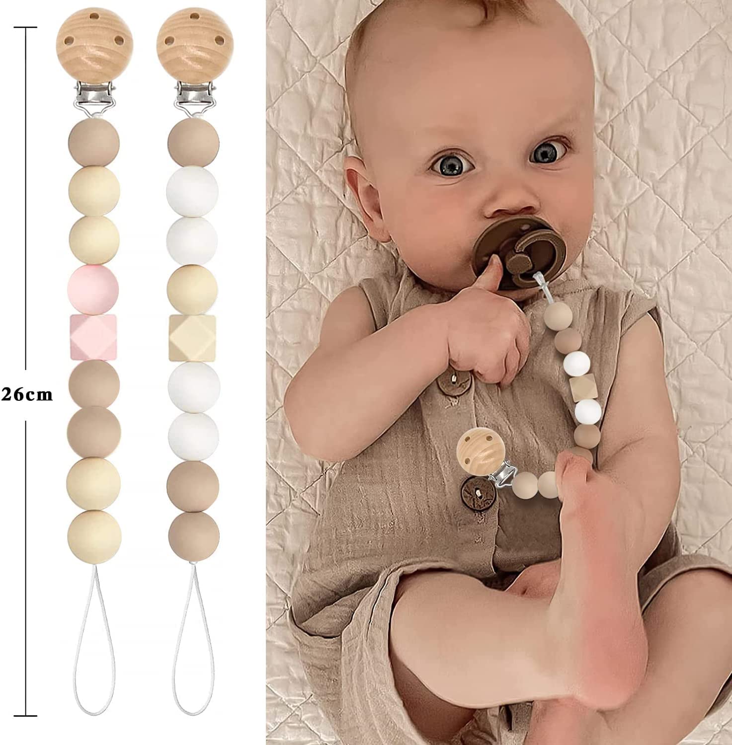 Hystyfu baby pacifier clip set with wooden clip and pastel silicone beads 26 cm neutral beige pink