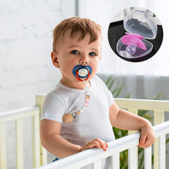 Baby in crib with blue pacifier attached to pastel beaded wooden clip and travel case baby pacifier clip set