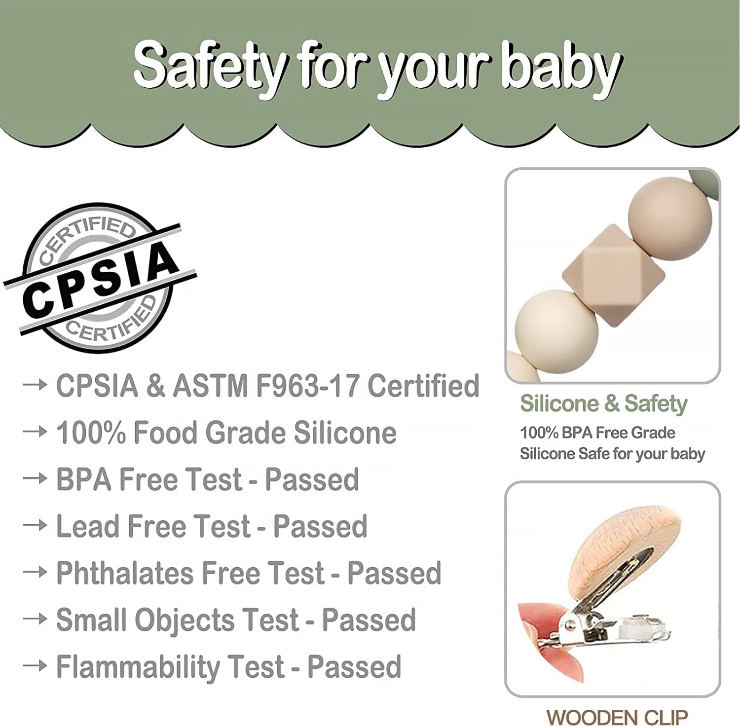 Hystyfu baby pacifier clip set with silicone beads and wooden clip CPSIA certified safety tests passed