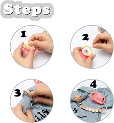 Hystyfu baby pacifier clip set four step guide showing how to attach silicone pacifier to wooden beaded clip and clothing