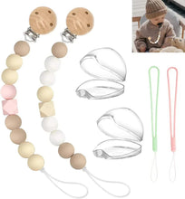 Pacifier clip set with wooden clasps, silicone bead straps, and clear storage cases