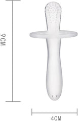 Translucent white silicone baby teething stick with textured nipple tip safety guard and ergonomic handle