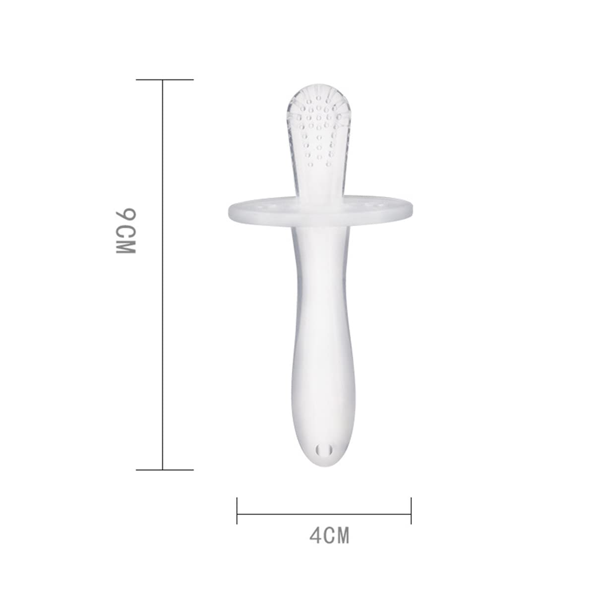 Clear silicone baby teething stick with textured tip and safety guard 9cm length easy grip handle