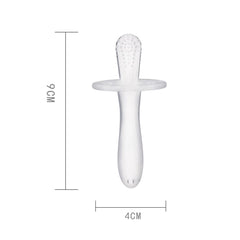 Clear silicone baby teething stick with textured tip and safety guard 9cm length easy grip handle