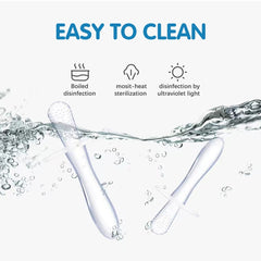 Pair of clear silicone baby teething stick items shown underwater with easy to clean sterilization icons