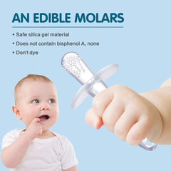 Clear silicone baby teething stick held by an infant and adult hand on blue background with safety text