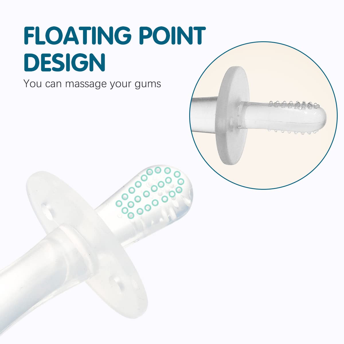 Clear silicone baby teething stick with shield and textured massaging tip to soothe infant gums