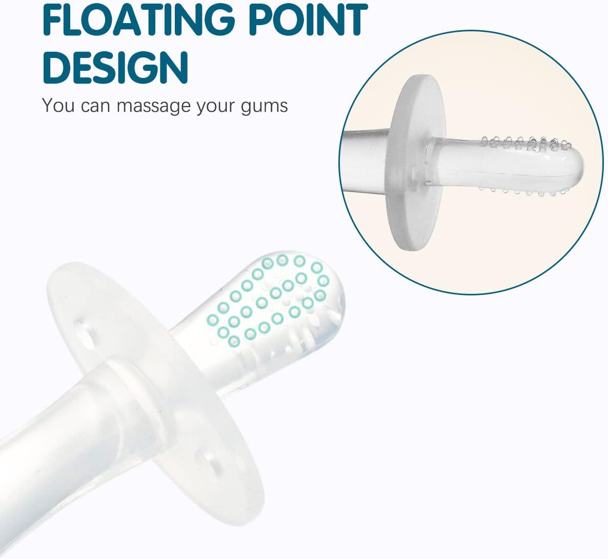 Clear silicone baby teething stick with guard flange and textured nubs for gum massage