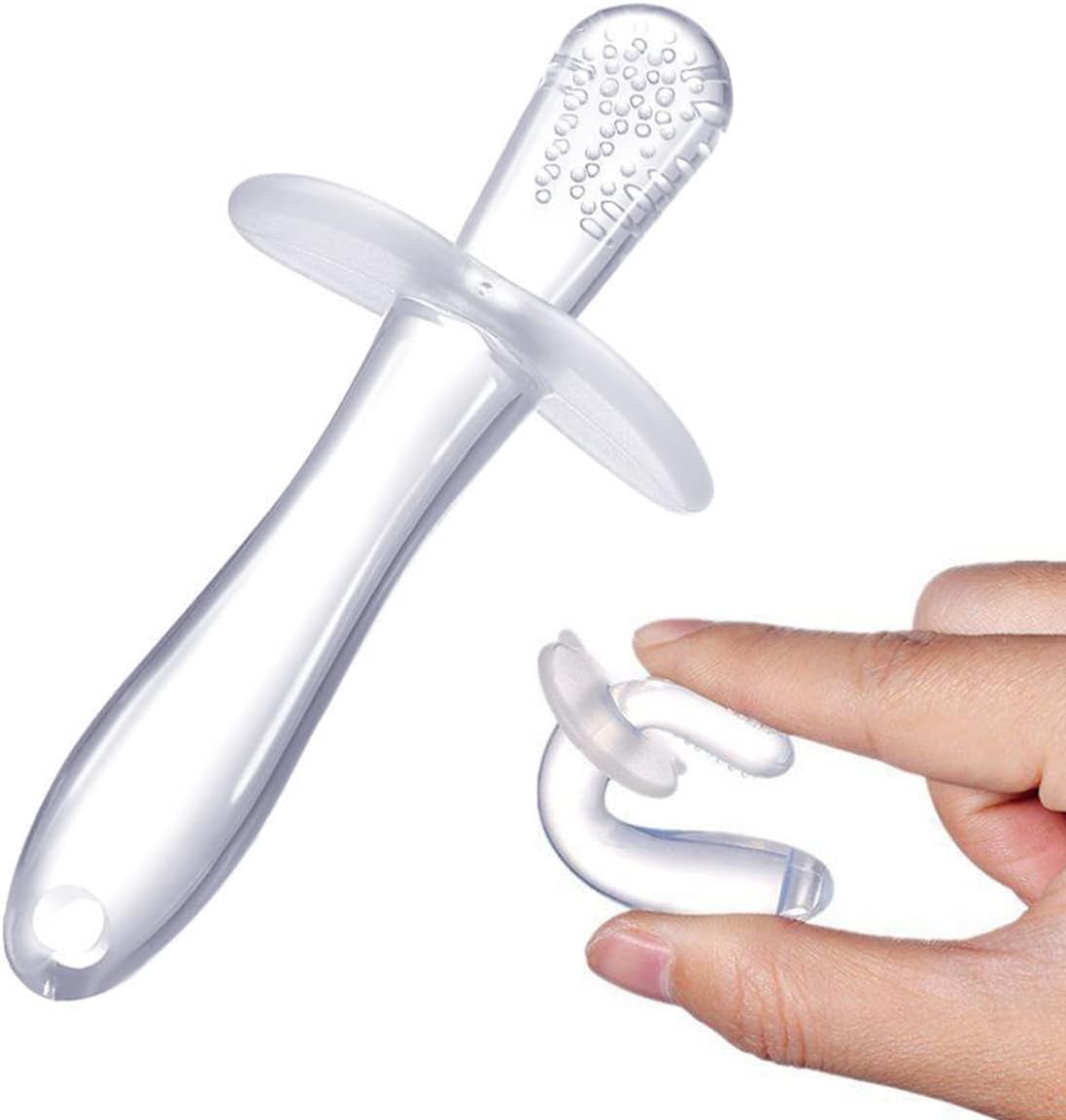 Clear flexible silicone baby teething stick with textured tip and handle shown bent between fingers