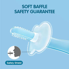 silicone baby teething stick with textured tip and soft safety shield flange in translucent blue
