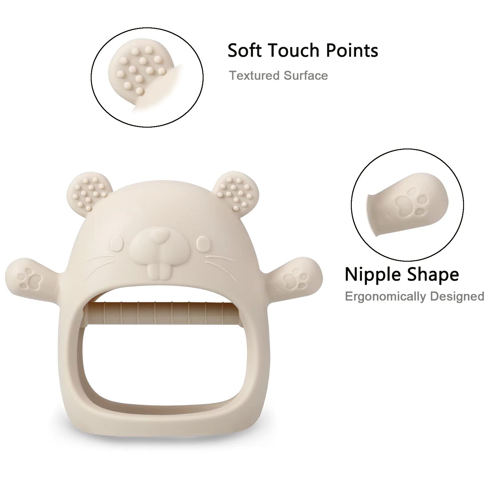 PandaEar beige bear shaped silicone baby teething toys with textured soft touch points ergonomic handle