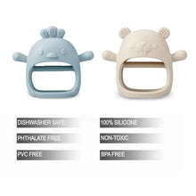 Two silicone teething toys: blue and beige animal mitts with textured ear nubs
