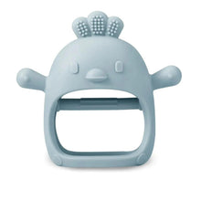 Blue silicone animal teething toy with textured top nubs and curved chew opening