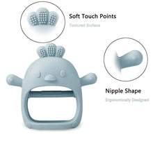 Blue silicone teething mitten with textured nubs and rounded chew tip