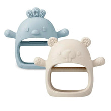 Silicone teething toy set in blue and beige, animal hand chewers with textured nubs