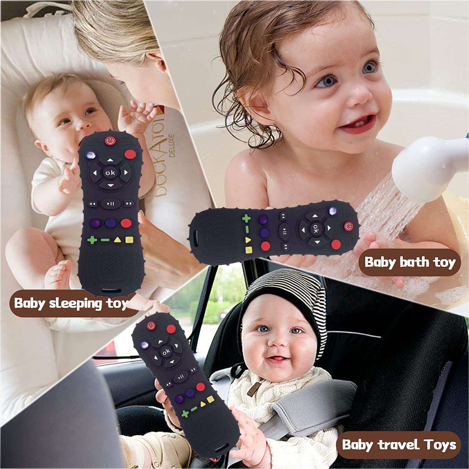 Nakital baby remote teether shaped like a black toy remote shown with babies in bath car and crib