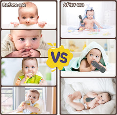 Nakital baby remote teether before and after use collage showing infants chewing remote shaped teether toy